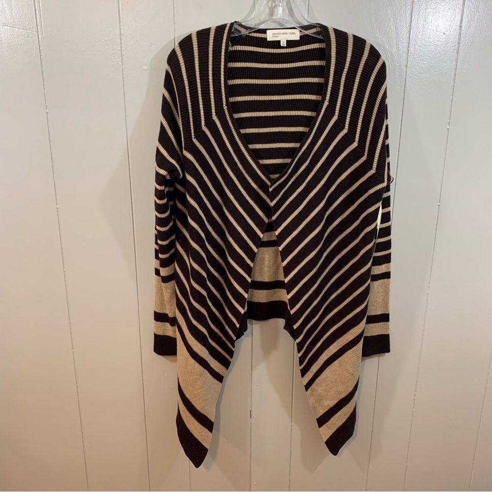 Jones New York Sport Brown Striped Long Sleeve Open Knit Cardigan Sweater M NEW
